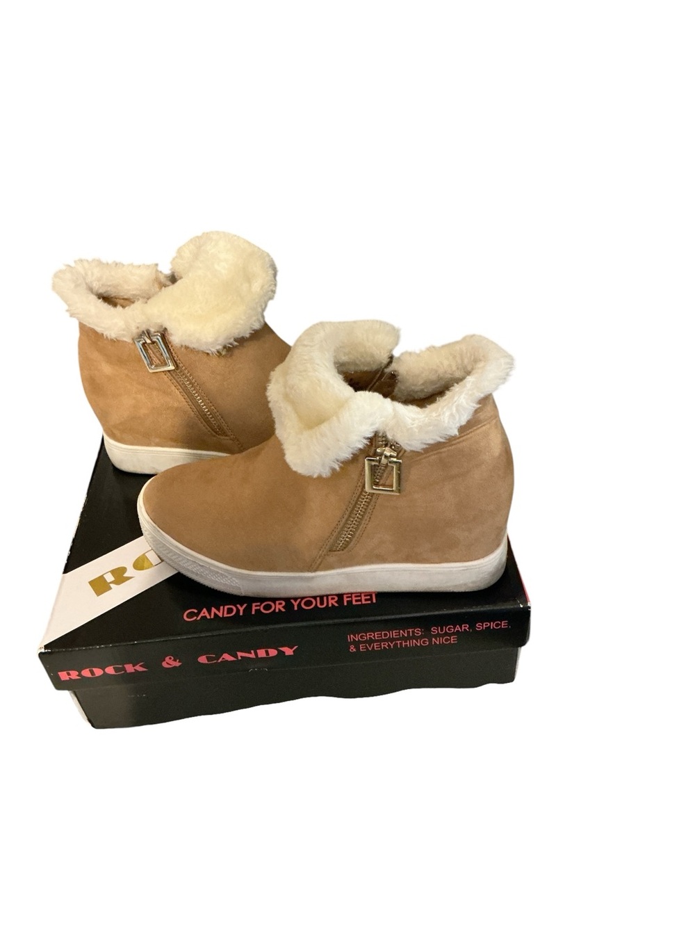 Rock & Candy Tan Faux-Suede Fur-Lined Wedge Booties with Side Zipper